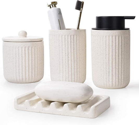 BosilunLife Beige Bathroom Accessories Set - Ceramic Bathroom Counter Soap Set Bathroom Decor Sets Accessories Bathroom Lotion Soap Dispenser and Toothbrush Holder Set, Soap Dish, Apothecary Jars