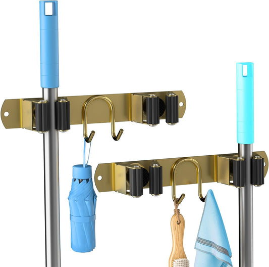 Broom Holder Wall Mount, 2-Pack Stainless Steel Mop and Broom Organizer, Broom Hanger with 2 Slots 2 Hooks for Home Kitchen, Garage, Garden and Laundry Room, Gold