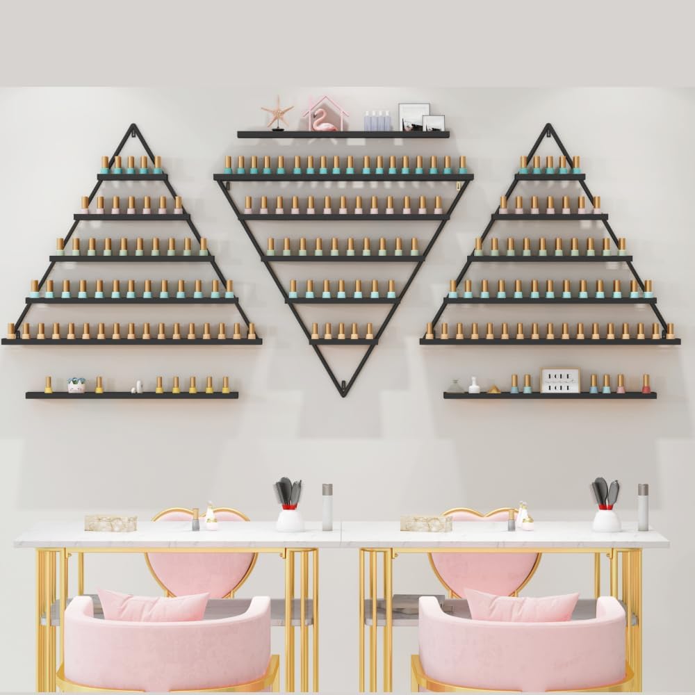 Elegant Gold Wall Mounted Nail Polish Rack - Set of 6 Triangular Cosmetic Display Shelves for Essential Oil Bottles, Organize Your Lipsticks and Perfumes in Style at Home or Salon (Black)