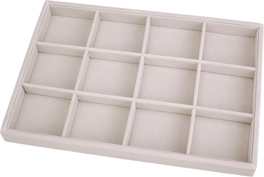 Mornajina 12 Grids Velvet Jewelry Tray Jewelry Display Tray, Stackable Empty Plate Trays for Earrings Necklaces Bracelet Rings Display Showcase - Beige