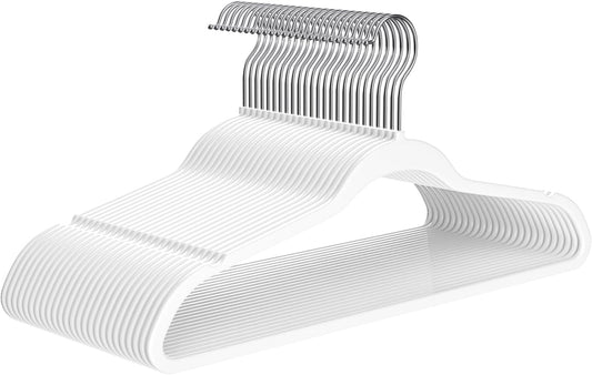Hangers 50 Pack - Non-Velvet White Plastic Hangers for Clothes -Heavy Duty Slim Coat Hanger -Space-Saving Closet with Chrome Hook,Non-Flocked for Dresses Coats Shirts Jackets