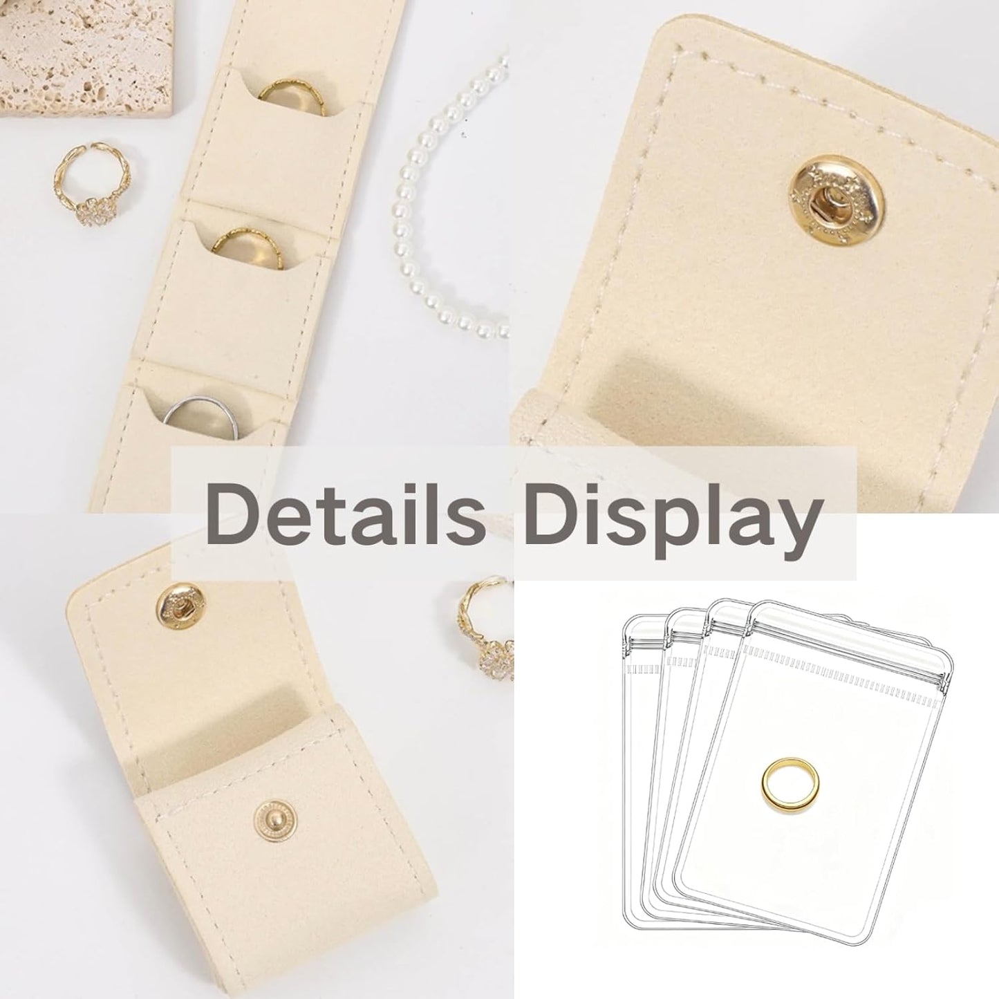 Mini Travel Jewelry Bag,Mini Jewelry Pouch,Protable travel Jewelry Storage Organizer Case,Small Jewelry Storage Roll with Buckle for Earrings,Rings,Necklaces (Off-white, 1Pcs)