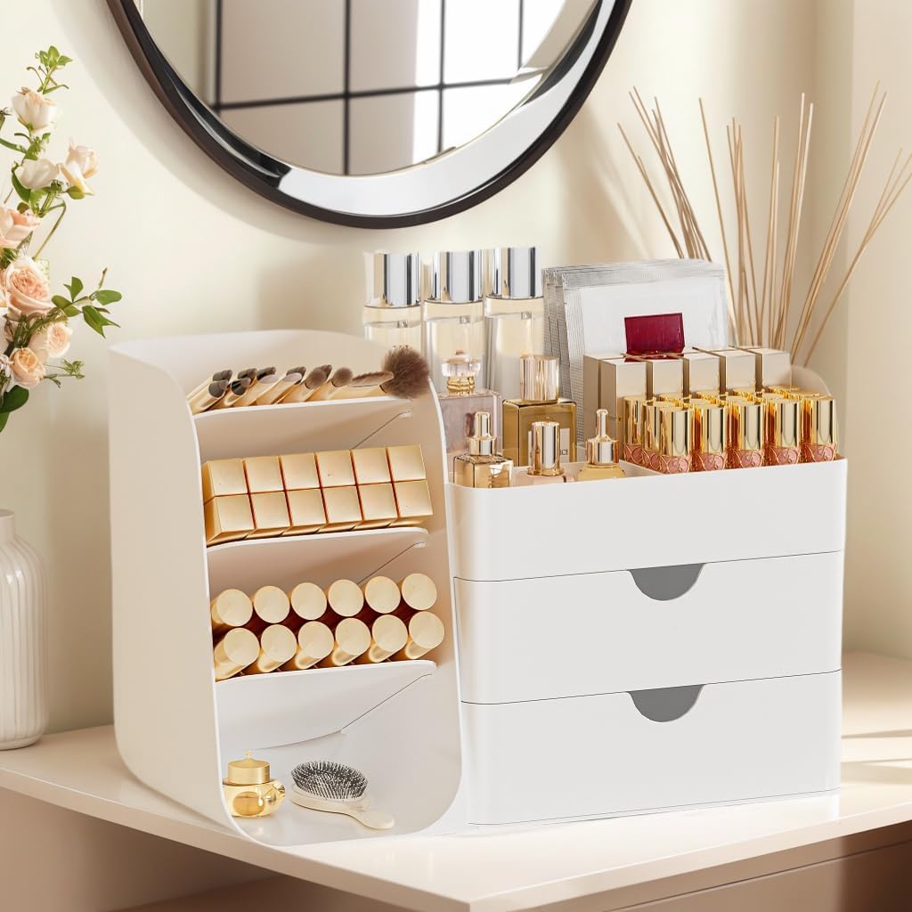 Makeup Organizer with 2 M Drawers & Brush Holders - Cosmetic Storage Case for Vanity, Bathroom Countertop & Desk - Skincare & Office Supplies Organizer (All White, M)