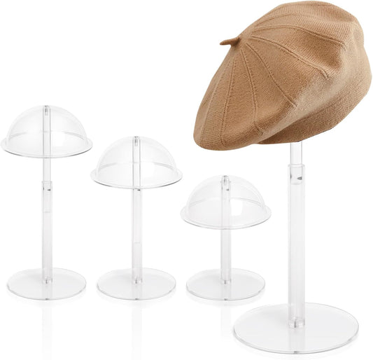4PCS Acrylic Hat Stand and Wig Display Rack with Height Adjustable, Clear Dome Tabletop Hat Stand Cap, Sun Hat Holder Stand, Cowboy Hat Holder Baseball Cap Rack for Display