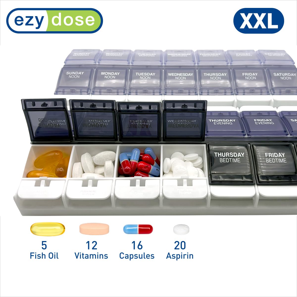 EZY DOSE Weekly (7-Day) Pill Organizer, Vitamin Container, and Daily Medicine Planner, 2X-Large Push Button Compartments, Arthritis Friendly, Easy to Use, 4 Times a Day, Grayscale Lids, BPA Free