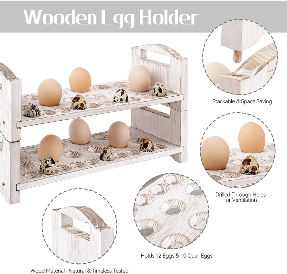 Wooden Egg Holder 2 Layer Fresh Egg Rack Holders Countertop Stackable Quail Egg Sorter Storage Trays Organizer Display Stand Kitchen Rack, Fits Duck, Turkey, Chicken Eggs,up to 36 Eggs, 2 Tier-White