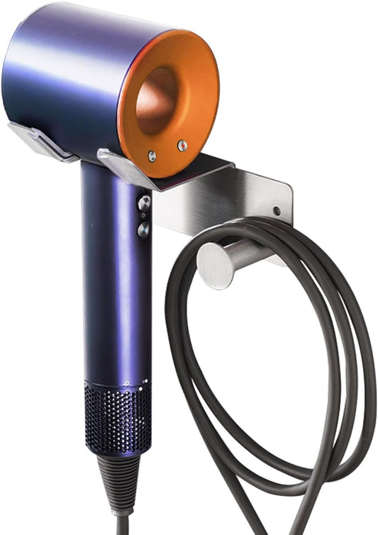 Hair Dryer Holder Stainless Steel, Blow Dryer Holder Self Adhesive, Dyson Hair Dryer Holder Wall Mounted Compatible with Dyson, Hairdryer Holder for Bathroom Silver PTALSEAW