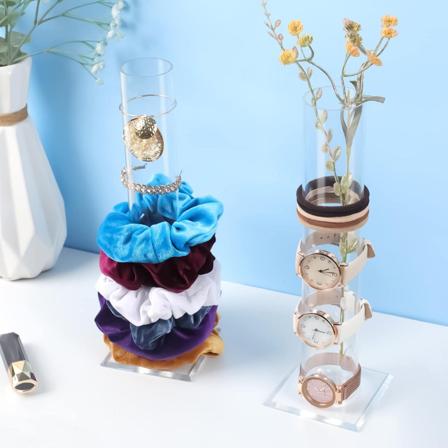 2Pcs 11 Inch Scrunchie Holder Stand, OAOLEER Elastic Band Storage Hair Tie Organizer Clear Acrylic Scrunchie Rack for Teen Girl Women Gifts, The Perfect Scrunchy Display Organizer