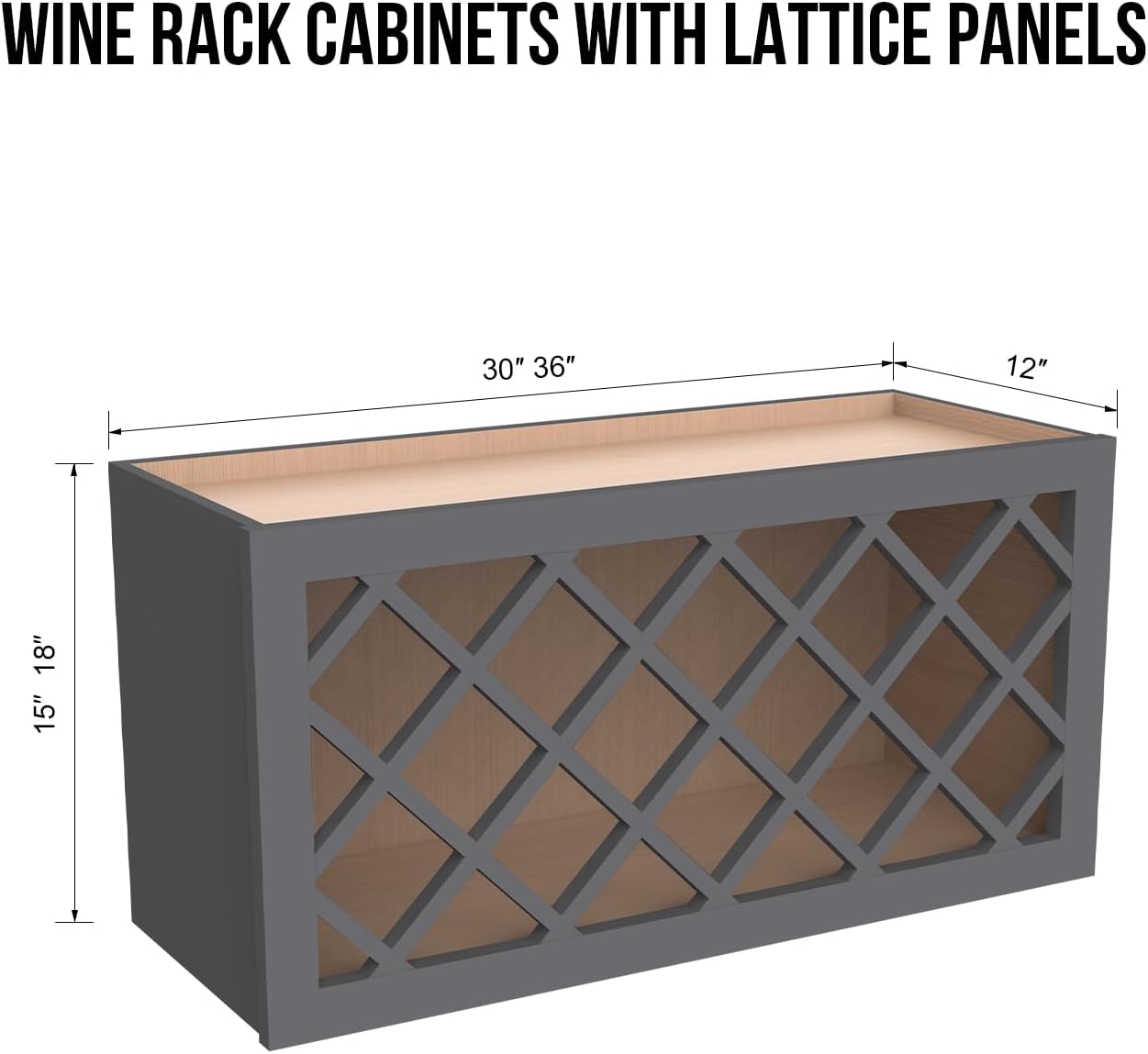 Solid Wood RTA Wine Bottle Rack Wall Cabinet with Lattice Panels - Wine Storage for Bar, Pantry, Cellar & Countertop - Mocha (Pebble Gray, 30'W 12'D 15'H)