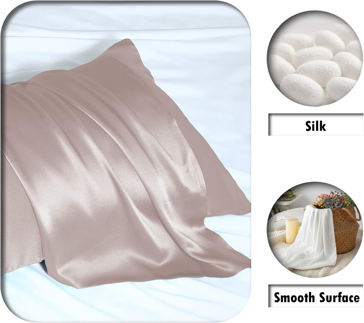 Silk Pillowcase for Hair and Skin,Soft,Breathable and Sliky 100% Queen Silk Pillow Case Set of 2,Both Sides Natural Mulberry Silk Pillowcases with Hidden Zipper(Queen Size 20"X 30",2pcs)