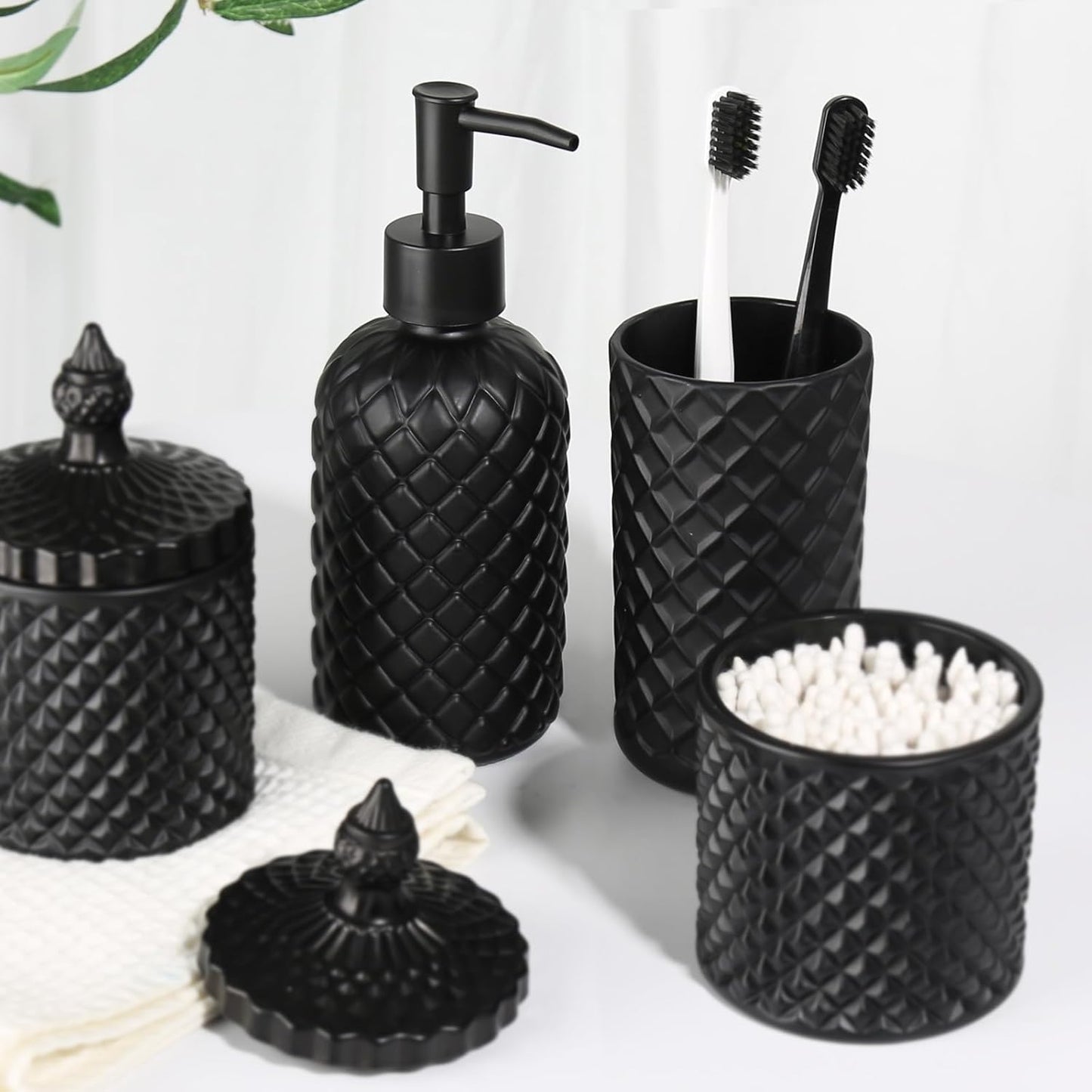 Matte Black Bathroom Accessories Set, 4 Pack Black Bath Accessory Sets Complete, Diamond Glass Soap Dispenser and Toothbrush Holder Set for Countertop, Gothic Decor Organizer Essentials