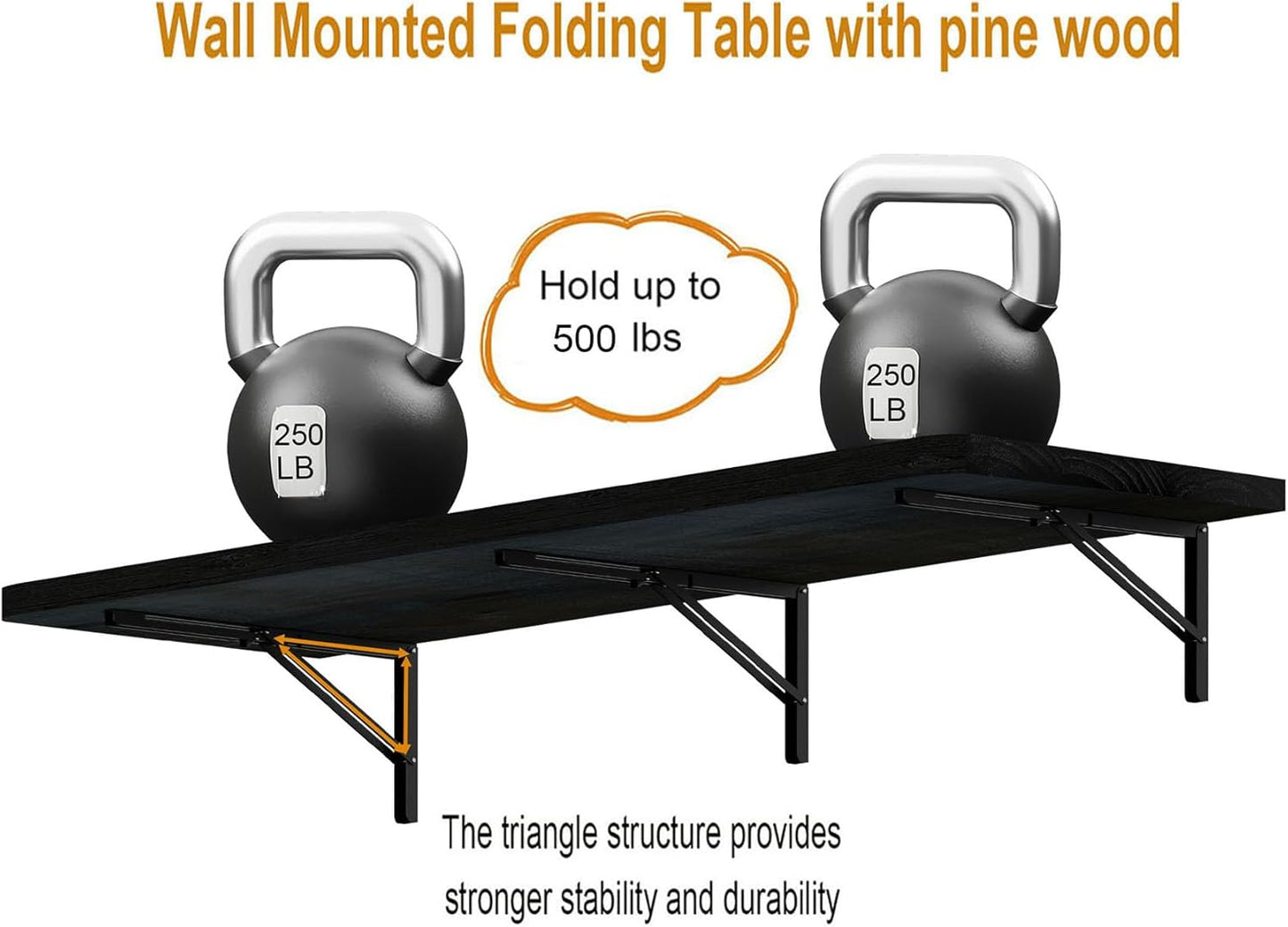 IAE Wall Mounted Folding Table with Pine Wood,60" x 16" Floating Wall Desk,Laundry Folding Table with Shelf Brackets,Fold Down Desk Shelf,Folding Workbench for Home,Dining,Laundry Room,Kitchen,Black