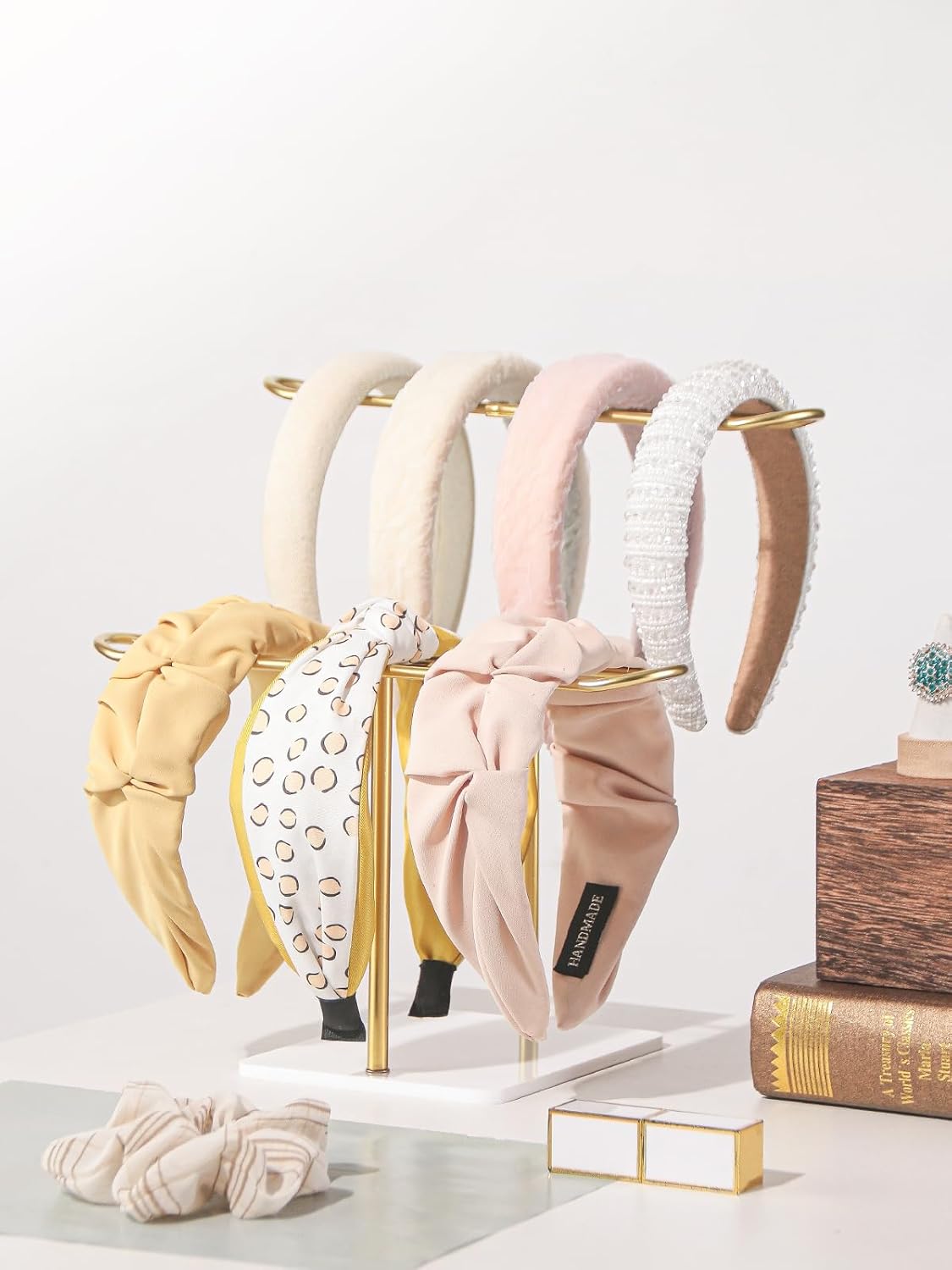 2 Tier Headband Holder,Metal Hair Band Organizer,Ear Diplay Stand,Hair Accessories Bracelets Bedroom College Dorm Decor for Girls Women (Gold)