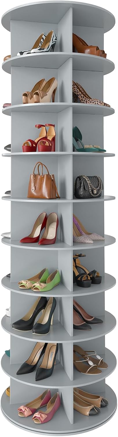 SpaceAid 9 Tier Rotating Shoe Rack Tower, Spinning Shoe Display Lazy Susan, Revolving 360 Shoe Rack Storage Round Carousel, Vertical Handbag Rotate Shoes Closet Organization (9-Tier Gray)