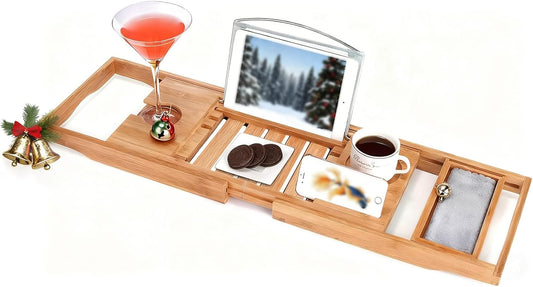 Utoplike Bamboo Bathtub Caddy Tray Bath Tray for Tub, Adjustable Bathroom Bathtub Organizer with Book Tablet Wine Glass Cup Towel Holder
