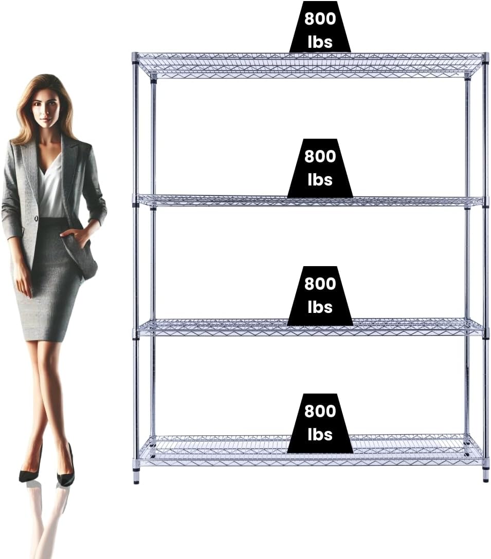 NSF Commercial 4-Tier Wire Shelving with Wheels, 60"x18"x72" Heavy Duty Metal Shelves 3200 lbs Max Capacity, Chrome Storage Rack for Garage Kitchen Pantry Warehouse
