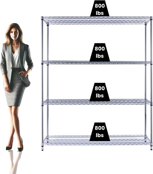 NSF Commercial 4-Tier Wire Shelving with Wheels, 60"x18"x72" Heavy Duty Metal Shelves 3200 lbs Max Capacity, Chrome Storage Rack for Garage Kitchen Pantry Warehouse
