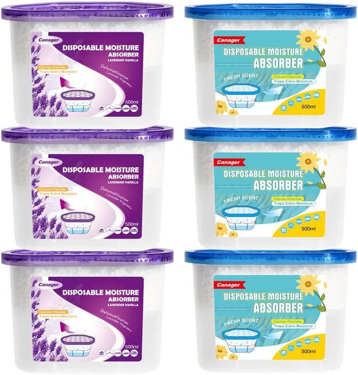 CANAGER Lavender Vanilla,Fresh Scent, Moisture Absorber Box,Odor Eliminator and Dehumidifier Boxes for Closet,Bedroom,Kitchen,Bathroom-6 Packs,Cups - Traps Moisture for Fresher, Cleaner Air