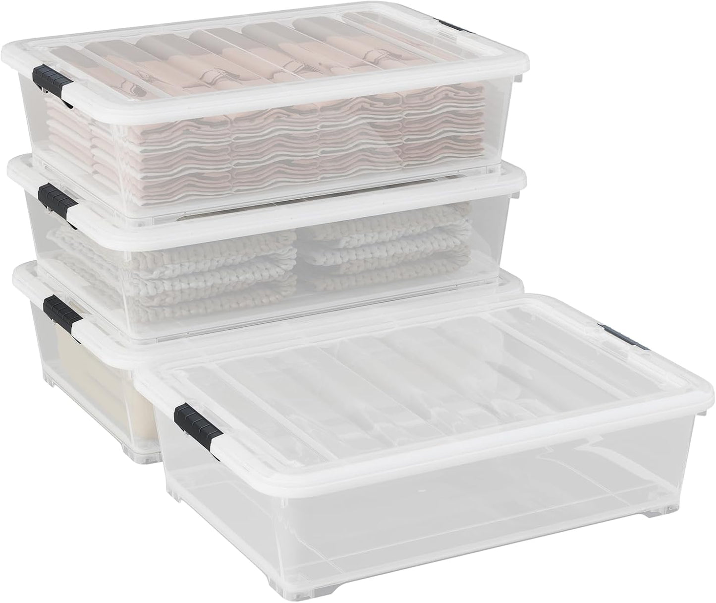 50 Quart Plastic Under Bed Storage Container, 4-Pack Large Clear Latching Storage Box with Wheels