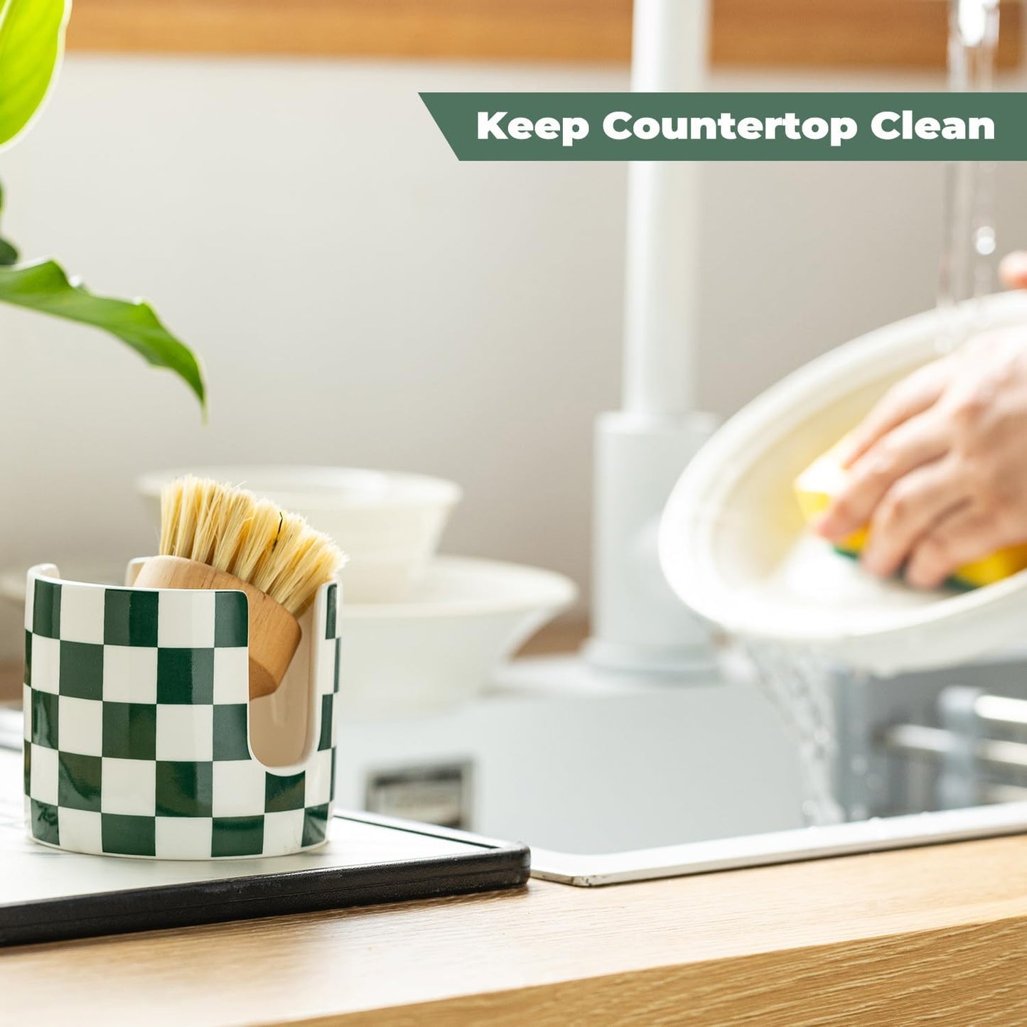 Ceramic Kitchen Sponge Holder, Dish Sponge Holder Suitable for Scrubby Farmhouse Dish Rack Brush Holder for Christmas Bathroom, Kitchen, Sink, Green and White