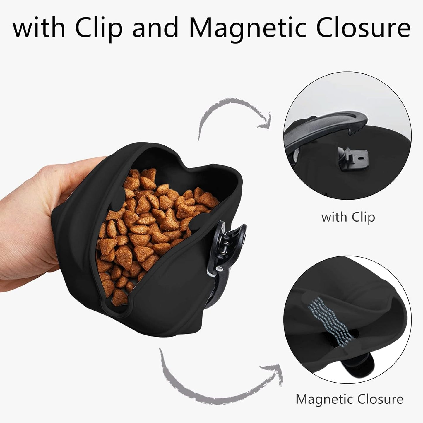 Dog Treat Pouch 2 Pack, Dog Treat Training Pouch, Silicone Pet Treat Bag BPA Free/Clip/Magnetic Dog Walk (Grey & Black)