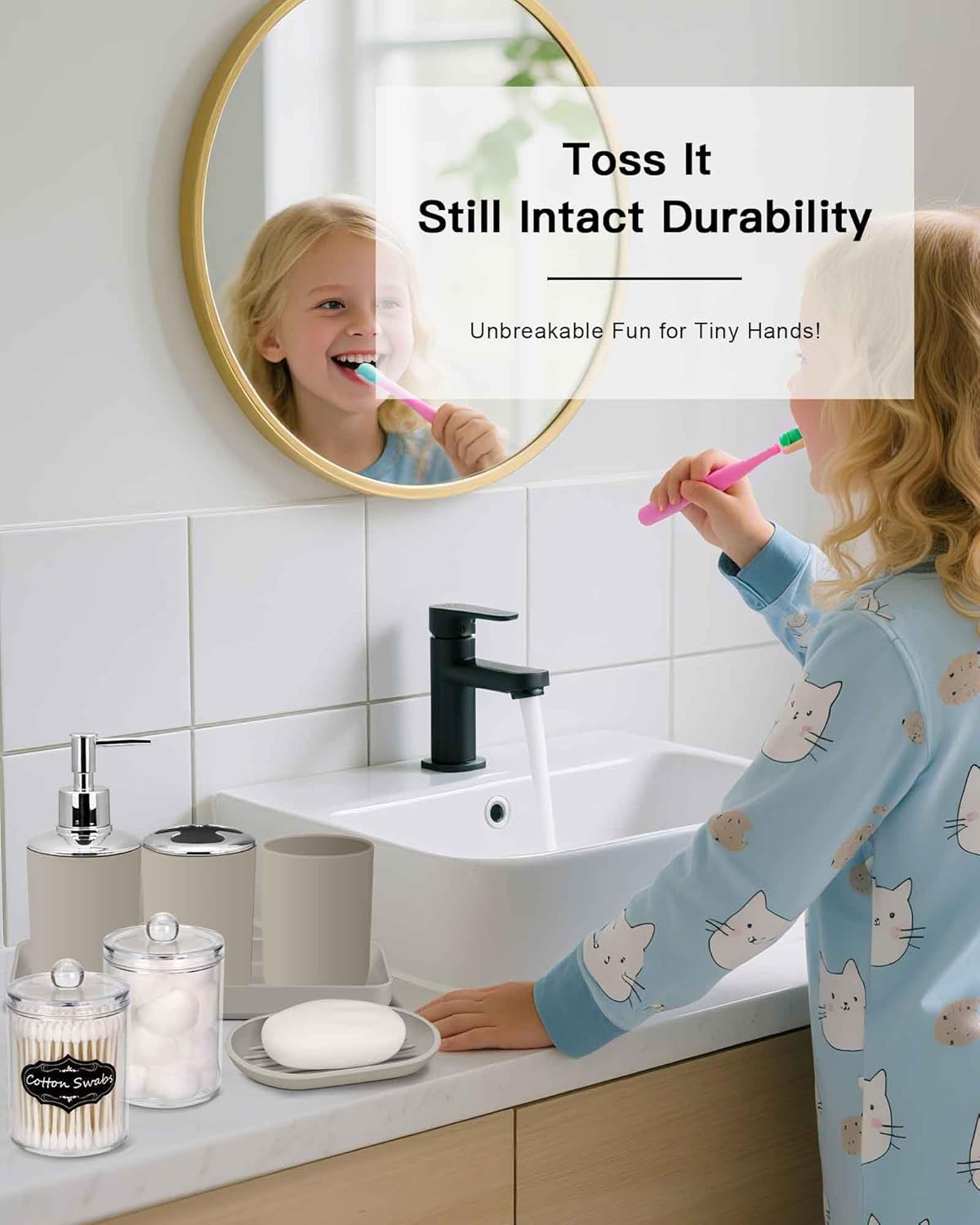 IMAVO Bathroom Accessories Set,Beige Bathroom Set,9 Pieces Bathroom Accessory Set,Tray,Qtip Holders,Toilet Brush,Trash Can for Bathroom Décor and Home Gifts