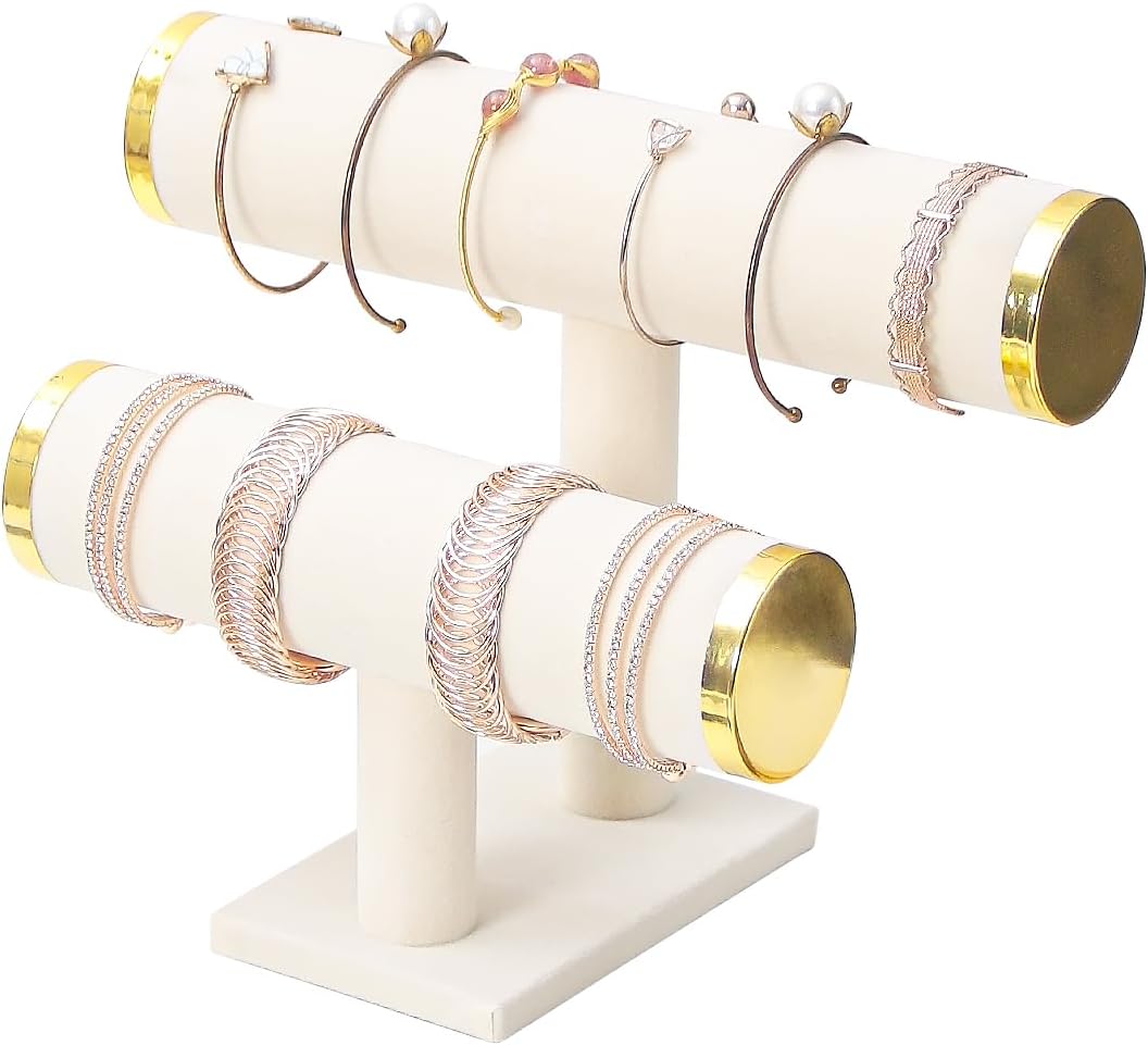 2 Tier Bracelet Holder Stand, Bangle Watches Display, Velvet Bracelet Jewelry Storage Organizer Rack, Hairband Scrunchie Show Tower Shop Selling or Home Use (Beige)