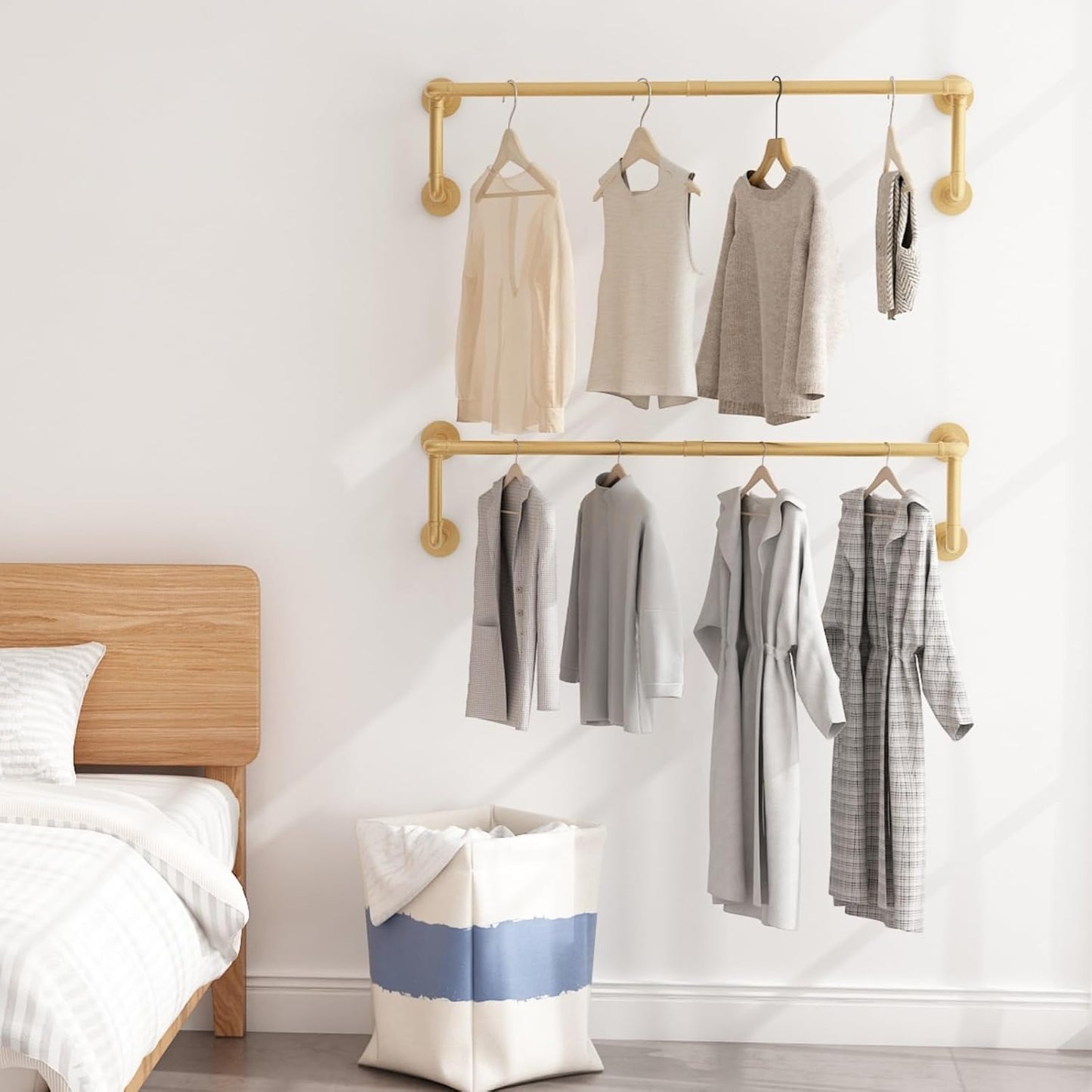 Industrial Pipe Clothing Racks 2 Pack, 36.2In Wall Mounted Clothes Rack, Gold Wall Clothing Racks for Hanging Clothes, Space Saving Closet Hanging Rod for Laundry Room, Bedroom