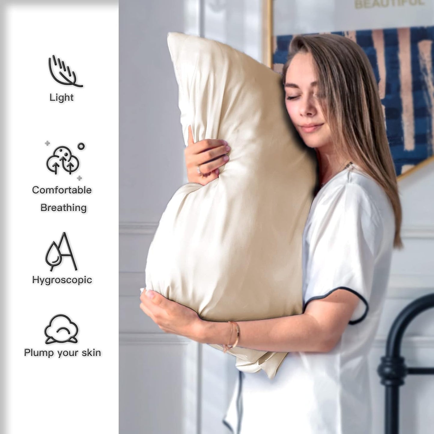 Mulberry Silk Pillowcase for Hair and Skin Pillow Case with Hidden Zipper Soft Breathable Smooth Cooling Silk Pillow Covers for Sleeping (Champagne, King（20"X 36"）)