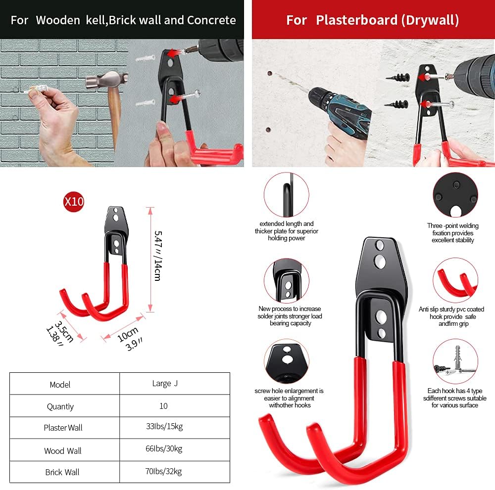 3-H Heavy Duty Garage Hooks [10 Pack] - 3-Round Welding Tech Holds 22lbs More - Thickened Steel Wall Mount for Ladders, Tools & Storage - Rustproof Utility Hardware