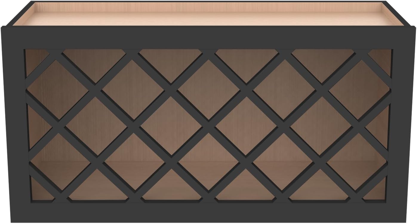 Solid Wood Mocha Wine Bottle Rack Wall Cabinet with Lattice Panels, Wine Storage for Bar, Pantry, Cellar & Basement - 30'W 12'D 18'H (Charcoal Black)
