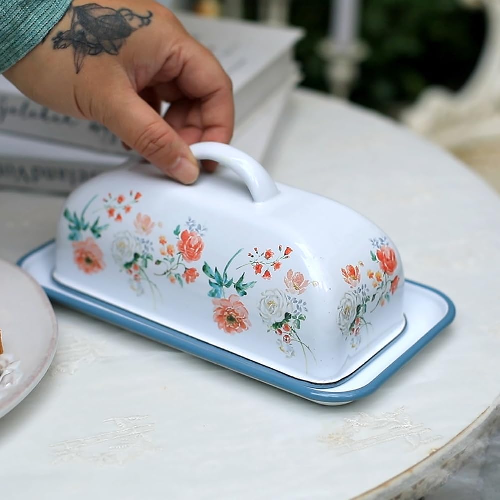 Enameled Farmhouse Vintage Butter Dish with Lid, 7.5 Inch Durable Kitchen Food Storage Container Rust-Resistant Refrigerator Safe,Vintage Decorative Design Kitchenware for Countertop