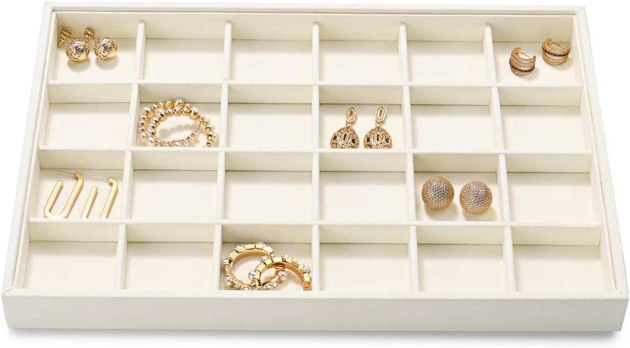 Stackable Beige Jewelry Organizer Tray Premium Microfiber 24 Grid Jewelry Display Trinket Earring Ring Organizer Tray