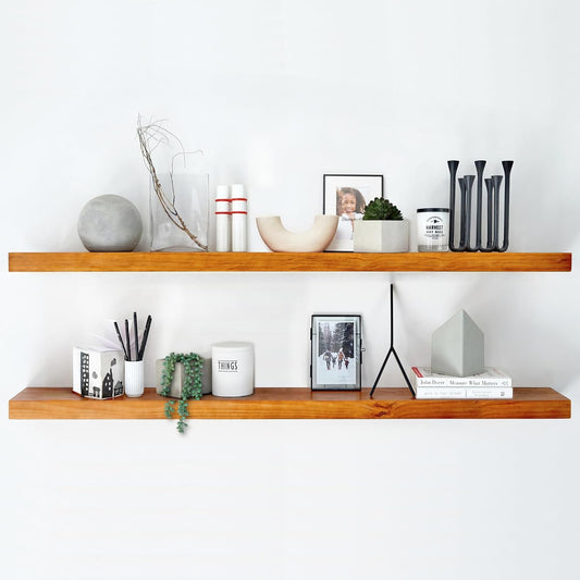 Homeforia Floating 60 inch Oak Shelves, High End Solid Real Wood 60inch Floating Shelf for Wall Mounted, Honey Oak Wooden 60in Large Floating Shelves, Heavy Duty Bracket, 60 X 6.5 X 1.75 in, Set of 3