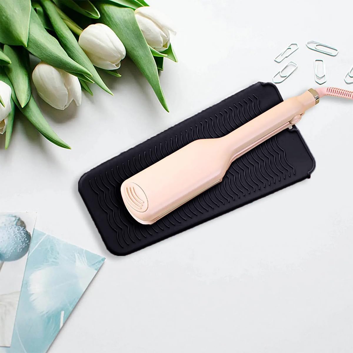 Heat Resistant Silicone Mat with Hanging Hole, Straightener Heat Resistant Travel Mat & Pouch for Curling Iron, Flat Iron and Other Hot Hair Styling Tools, 11 x 5 in, Black