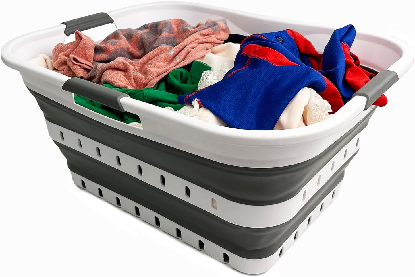 SAMMART Collapsible Plastic Rectangular Laundry Basket - Foldable Pop Up Storage Container/Organizer - Portable Laundry Hamper - Space Saving (White/Steel Grey, 42L)