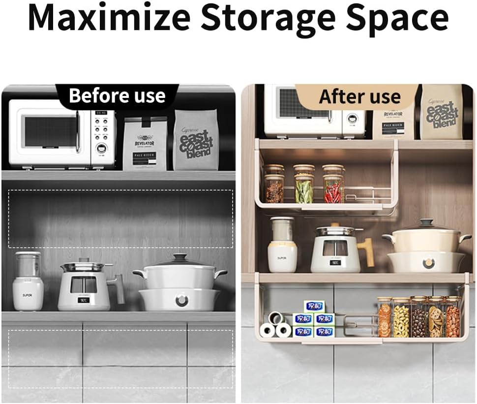 Expandable Under Shelf Basket Organizer, Under Shelf Storage, Hanging Baskets Under Cabinet for Pantry Kitchen Cupboard Desk Counter Bookshelf Space Saver Heavy Duty Slide-in (Black, 2 Pack)