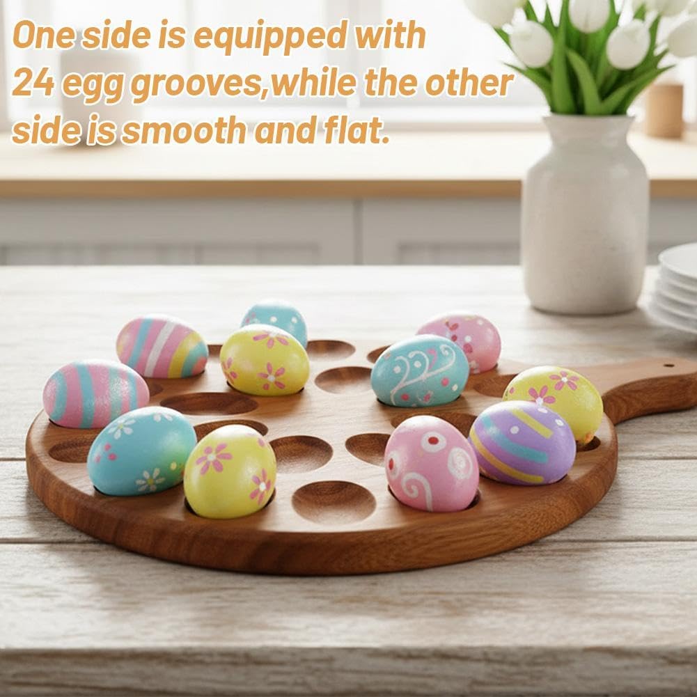 24 Holes Wood Deviled Egg Platter Round Tray for Devilled Eggs Container, Charcuterie Board for Kitchen Countertops, Deviled Egg Tray Holder for Easter, Gathering, Thanksgiving & Parties