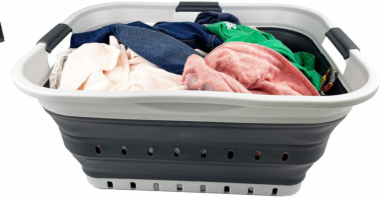 SAMMART 42L (11 gallon) Collapsible Plastic Laundry Basket - Foldable Pop Up Storage Container/Organizer - Portable Basket - Space Saving Hamper/Basket (Grey/Charcoal Black (Set of 2))
