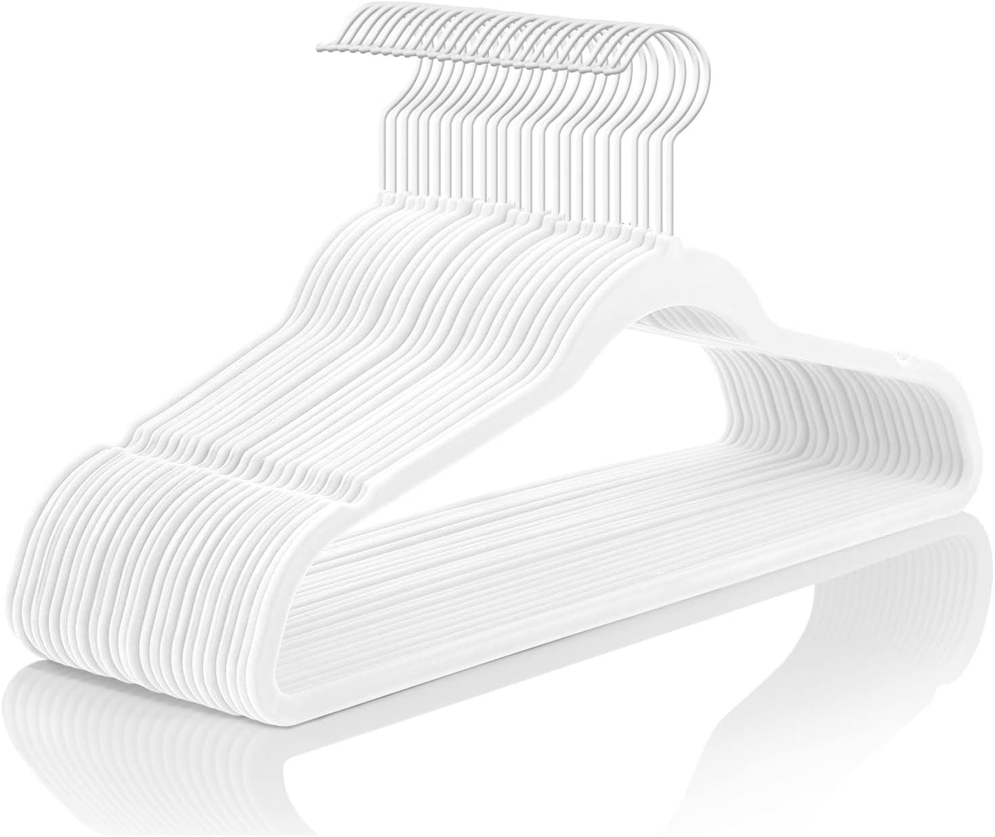 MIZGI Premium Velvet Hangers (50 Pack) Heavy Duty - Non Slip Felt Hangers - Velvet Suit Hanger White - White Coated Hooks,Space Saving Clothes Hanger