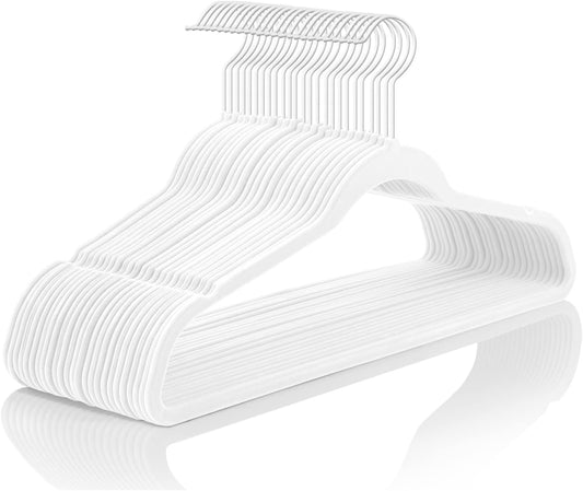 MIZGI Premium Velvet Hangers (60 Pack) Heavy Duty - Non Slip Felt Hangers - Velvet Suit Hanger White - White Coated Hooks,Space Saving Clothes Hanger