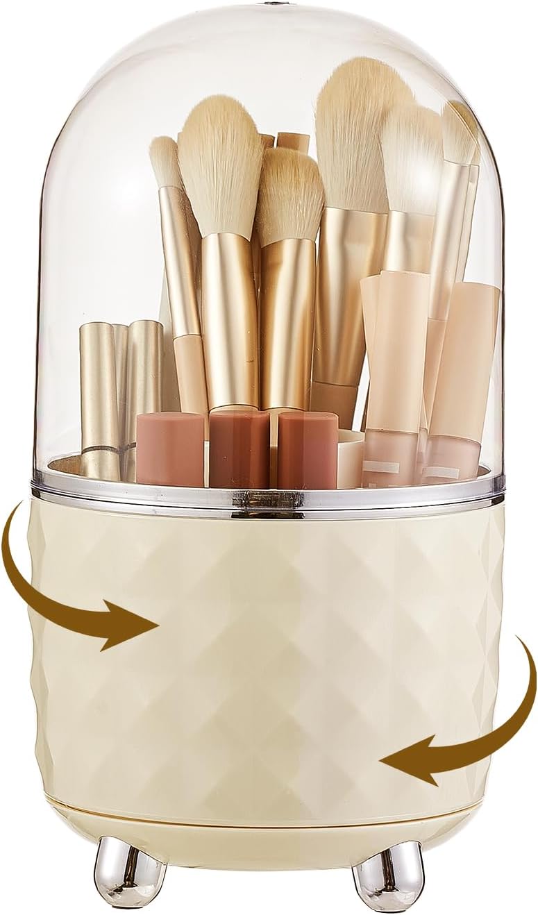 Makeup Brush Holder with Dustproof Lid, 360 Rotating Makeup Brush Organizer, Brushes Cup for Cosmetics, Nail Polish, Bathroom Vanity
