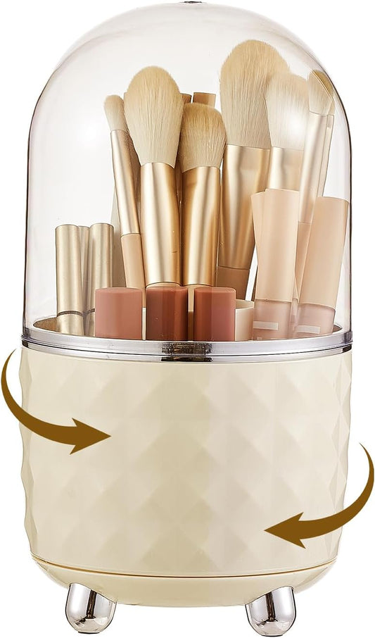 Makeup Brush Holder with Dustproof Lid, 360 Rotating Makeup Brush Organizer, Brushes Cup for Cosmetics, Nail Polish, Bathroom Vanity