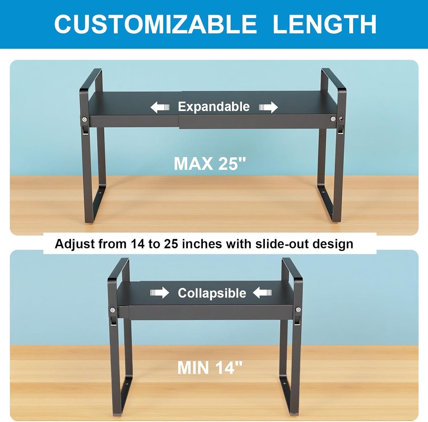 Expandable Cabinet Shelf Organizer 14-25 Inch Adjustable Length, 9" Wide 2-Tier (8" Bottom Layer) Metal Storage Rack for Kitchen Pantry, Under Sink Countertop - Heavy Duty Black(2 Pack)