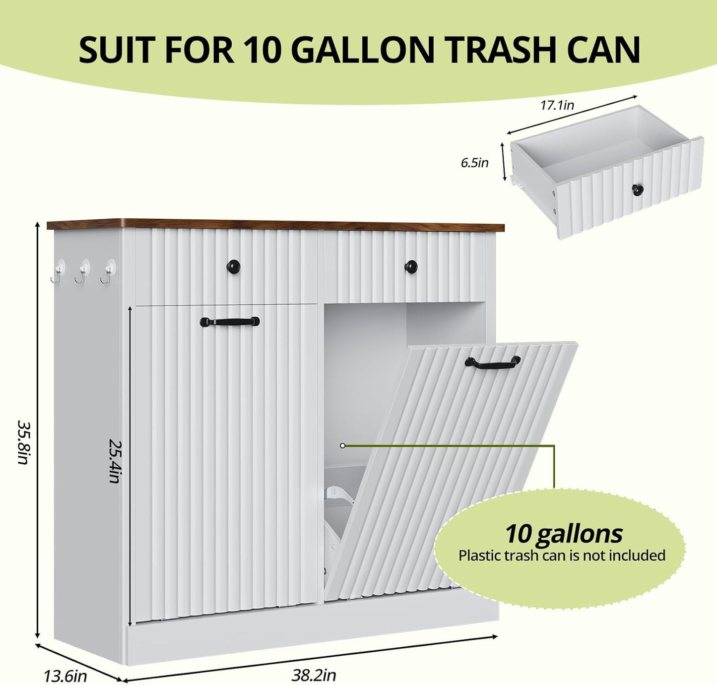 Double Tilt Out Trash Can Cabinet, 20 Gallon Fluted Laundry Hamper Cabinet with 2 Drawers, Wooden Hidden Garbage Can Cabinets for Kitchen, Living Room, Without Trash Bin or Laundry Hamper, White