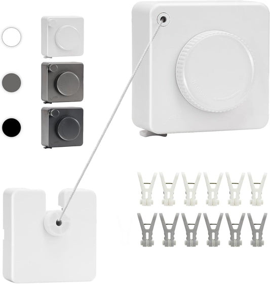 15.7Ft Retractable Clothesline Indoor an Anti-sag Retractable Clothesline Outdoor,Laundry Line Wall Mounted Stainless Steel Wire Laundry, with 12 Clip(White)