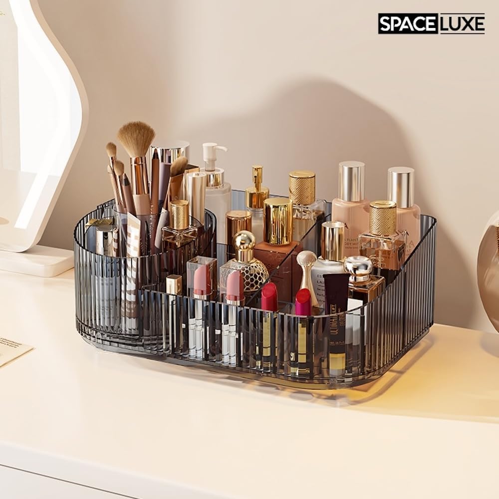 Makeup Organizer with Drawers and 360° Rotating Brush Holder, Large Capacity Cosmetic Storage for Vanity, Skincare, Perfume, Hair Accessories, Lipstick & Jewelry (Transparent Gray, 2-layer)