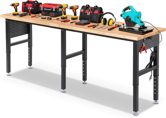 Work Bench 96 Inch Heavy Duty Work Table with Power Outlets & Extended Pegboard Adjustable Height 5000 Lbs Load Capacity Workstation for Garage, Workshop, Home, Office
