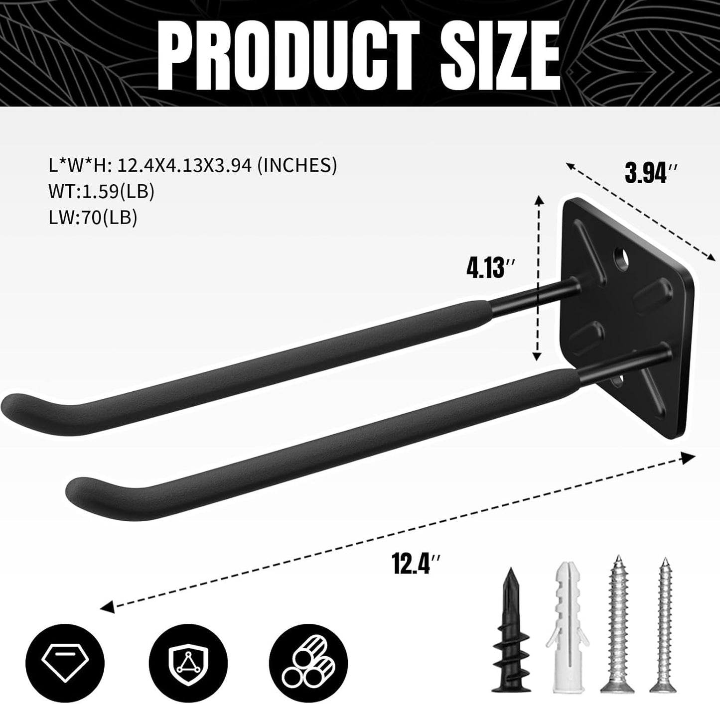 Heavy Duty Garage Hooks and Tool Organizer, Wall Mount Utility Storage Hangers for Car Tires, Ladders, Chairs, Garden Tools, Power Tools and More（4PC-12.4 Inches）