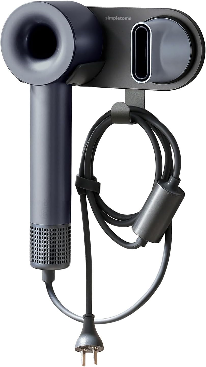 simpletome Hair Dryer Holder Wall Mount for All Magnetic High Speed Blow Dryer with Plug Cord Organizer Hook (ABS Plastic, Grey)